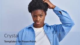  Presentation with african american woman question - Slide deck with african-american-woman-standing-over background and a light blue colored foreground