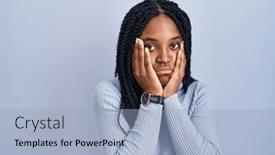  Presentation with sadness - PPT theme enhanced with african-american-woman-standing-over background and a light blue colored foreground