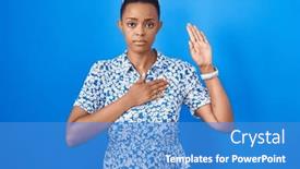  Presentation with hand palm - Presentation theme with african-american-woman-standing-over background and a teal colored foreground