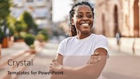  Presentation with street - PPT layouts enhanced with african-american-woman-standing and a coral colored foreground