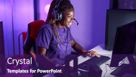  Presentation with computer room - PPT theme having african-american-woman-streamer-playing background and a violet colored foreground