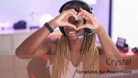  Presentation with american heart - Slide set having african-american-woman-streamer-smiling background and a  colored foreground