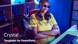  Presentation with african american in computer - Slides with african-american-woman-streamer-wearing background and a wine colored foreground