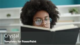  Presentation with american university - Presentation design with african-american-woman-student-reading background and a dark gray colored foreground