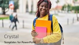  Presentation with student - Presentation theme having african-american-woman-student-smiling background and a soft green colored foreground