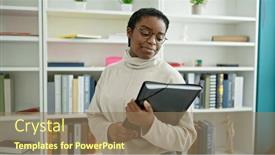 Presentation with american university - Slide set featuring african-american-woman-student-smiling background and a coral colored foreground