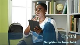  Presentation with american university - Slide deck featuring african-american-woman-student-using background and a ocean colored foreground