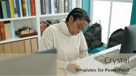  Presentation with american university - Presentation theme with african-american-woman-student-using background and a mint green colored foreground