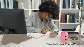  Presentation with american university - Slide deck having african-american-woman-student-using background and a mint green colored foreground