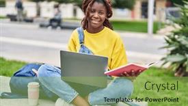  Presentation with student - PPT theme consisting of african-american-woman-student-using and a  colored foreground