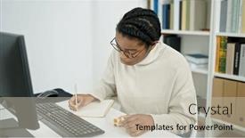  Presentation with american university - Presentation enhanced with african-american-woman-student-writing background and a soft green colored foreground