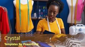  Presentation with sewing - Slide set enhanced with african-american-woman-tailor-holding background and a tawny brown colored foreground