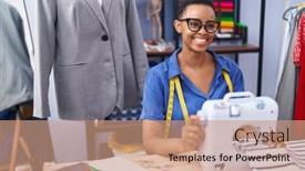  Presentation with machine shop - Slide set consisting of african-american-woman-tailor-smiling background and a coral colored foreground