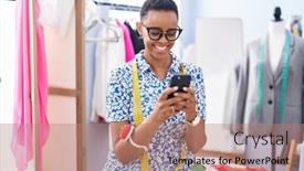  Presentation with african american talent show - Theme consisting of african-american-woman-tailor-smiling background and a coral colored foreground