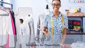  Presentation with african cloth - Presentation theme having african-american-woman-tailor-smiling background and a light blue colored foreground