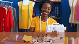  Presentation with sewing machine - Slide deck enhanced with african-american-woman-tailor-smiling background and a red colored foreground