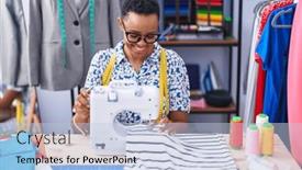  Presentation with machine shop - Presentation design having african-american-woman-tailor-smiling background and a light blue colored foreground