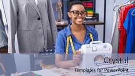  Presentation with machine shop - Slides with african-american-woman-tailor-smiling background and a light blue colored foreground