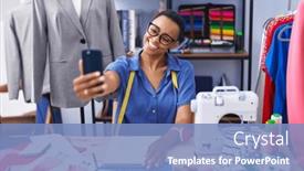  Presentation with selfie - PPT layouts consisting of african-american-woman-tailor-smiling background and a teal colored foreground