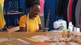  Presentation with sewing - Presentation design with african-american-woman-tailor-smiling background and a coral colored foreground