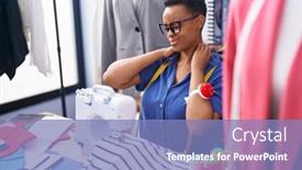  Presentation with machine shop - PPT theme with african-american-woman-tailor-stressed background and a teal colored foreground