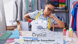  Presentation with machine shop - Slides with african-american-woman-tailor-stressed background and a light blue colored foreground