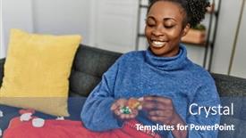  Presentation with pills - PPT theme with african-american-woman-taking-pills background and a ocean colored foreground