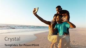  Presentation with african sunset - Presentation theme consisting of african-american-woman-taking-selfie background and a coral colored foreground