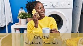  Presentation with waiting room - Presentation theme consisting of african-american-woman-talking background and a yellow colored foreground