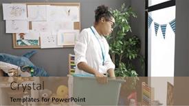  Presentation with overworked - Theme consisting of african-american-woman-teacher-overworked background and a coral colored foreground