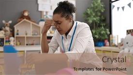  Presentation with overworked - Presentation design with african-american-woman-teacher-overworked background and a coral colored foreground