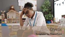  Presentation with overworked - Slides having african-american-woman-teacher-overworked background and a coral colored foreground