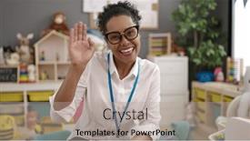  Presentation with saying - Presentation design having african-american-woman-teacher-smiling background and a light gray colored foreground