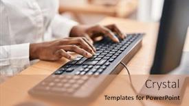  Presentation with computer - PPT theme consisting of african-american-woman-using-computer background and a coral colored foreground