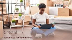  Presentation with new home - PPT theme featuring african-american-woman-using-laptop background and a coral colored foreground