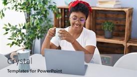  Presentation with laptop - PPT layouts having african-american-woman-using-laptop background and a light blue colored foreground