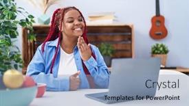  Presentation with communicate - Presentation theme enhanced with african-american-woman-using-laptop background and a light blue colored foreground