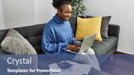  Presentation with accounting - Presentation theme with african-american-woman-using-laptop background and a ocean colored foreground