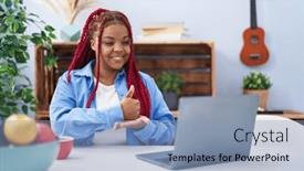  Presentation with communicate - Slide deck having african-american-woman-using-laptop background and a light blue colored foreground