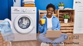 Presentation with waiting room - Presentation theme with african-american-woman-using-laptop background and a coral colored foreground