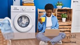  Presentation with african american in computer lab - Presentation theme enhanced with african-american-woman-using-laptop background and a coral colored foreground