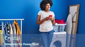  Presentation with waiting room - PPT theme consisting of african-american-woman-using-smartphone background and a ocean colored foreground