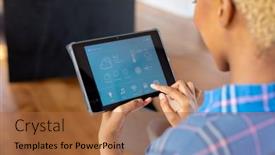  Presentation with smart home - Slide set having african-american-woman-using-tablet background and a red colored foreground