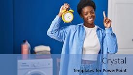  Presentation with african american woman question - Slides with african-american-woman-waiting background and a teal colored foreground