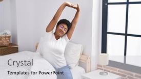  Presentation with stretching - Presentation design having african-american-woman-waking-up background and a light gray colored foreground