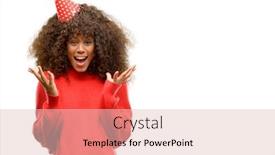  Presentation with happy birthday - Amazing theme having african american woman wearing birthday hat very happy and excited winner expression celebrating victory screaming with big smile and raised hands backdrop and a lemonade colored foreground