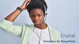  Presentation with african american woman question - Slide deck with african-american-woman-wearing-call background and a  colored foreground