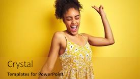  Presentation with yellow music - Audience pleasing slide set consisting of african american woman wearing casual floral dress standing over isolated yellow background dancing happy and cheerful smiling moving casual and confident listening to music backdrop and a gold colored foreground