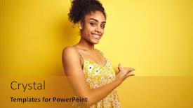  Presentation with floral - Amazing slide set having african american woman wearing casual floral dress standing over isolated yellow background inviting to enter smiling natural with open hand backdrop and a gold colored foreground
