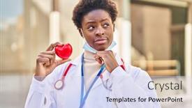  Presentation with african american woman question - PPT theme having african-american-woman-wearing-doctor background and a sky blue colored foreground